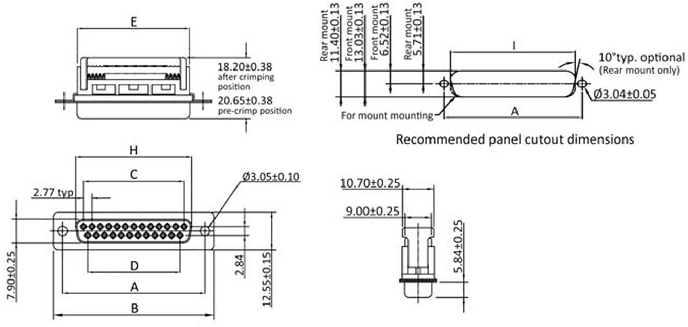 'Technical Drawing: D-Sub Connector. Shows views and dimensions for installation, including recommended panel cut-out sizes.'