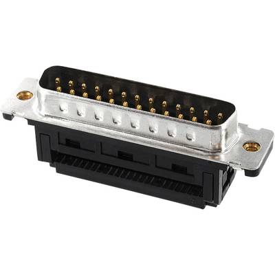 Close-up of a rectangular connector with 26 gold-plated pins for electronic devices. Portrait orientation with a metallic surface.