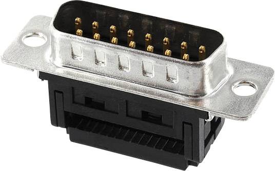 'Connector housing with 17 gold-plated pins, rectangular, silver metal cover, black plastic base.'