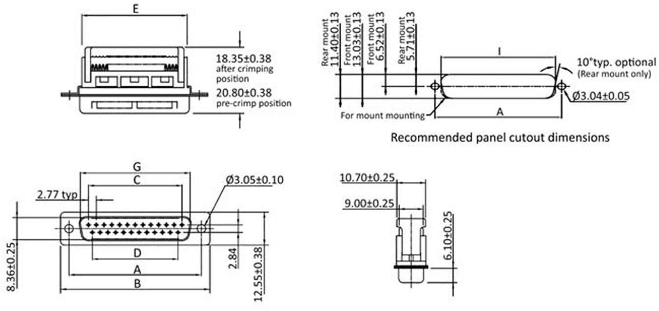 'Technical drawing of a connector with front and side views. Includes dimensions and recommended cutout dimensions.'<br><br>Note: The translation is already in a British English style, so no significant changes were needed.