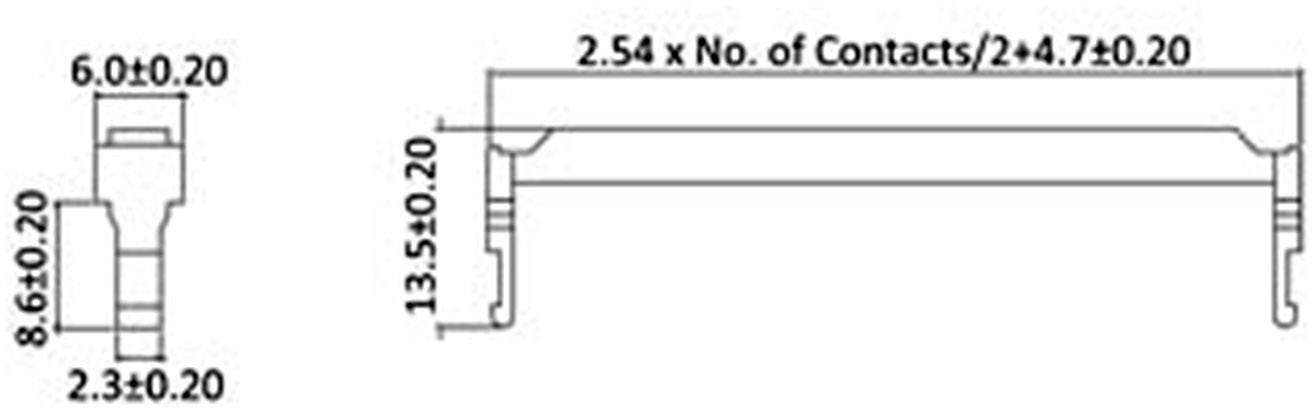 'Diagram of a connector with dimensions: width 6.00 ±0.20 mm, height 8.64 ±0.20 mm, length with formula for number of contacts.'