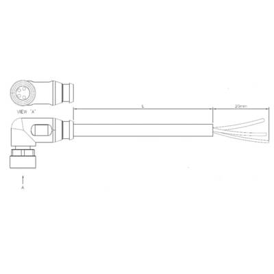 Technical drawing of an electrical connector with dimensions. Side and front views display detailed measurements and cable ends.