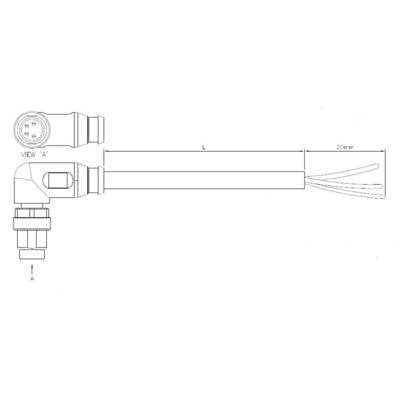 Technical drawing of a cable plug with dimensions. View A shows a round plug with 4 pins. The cable length is 20 mm.