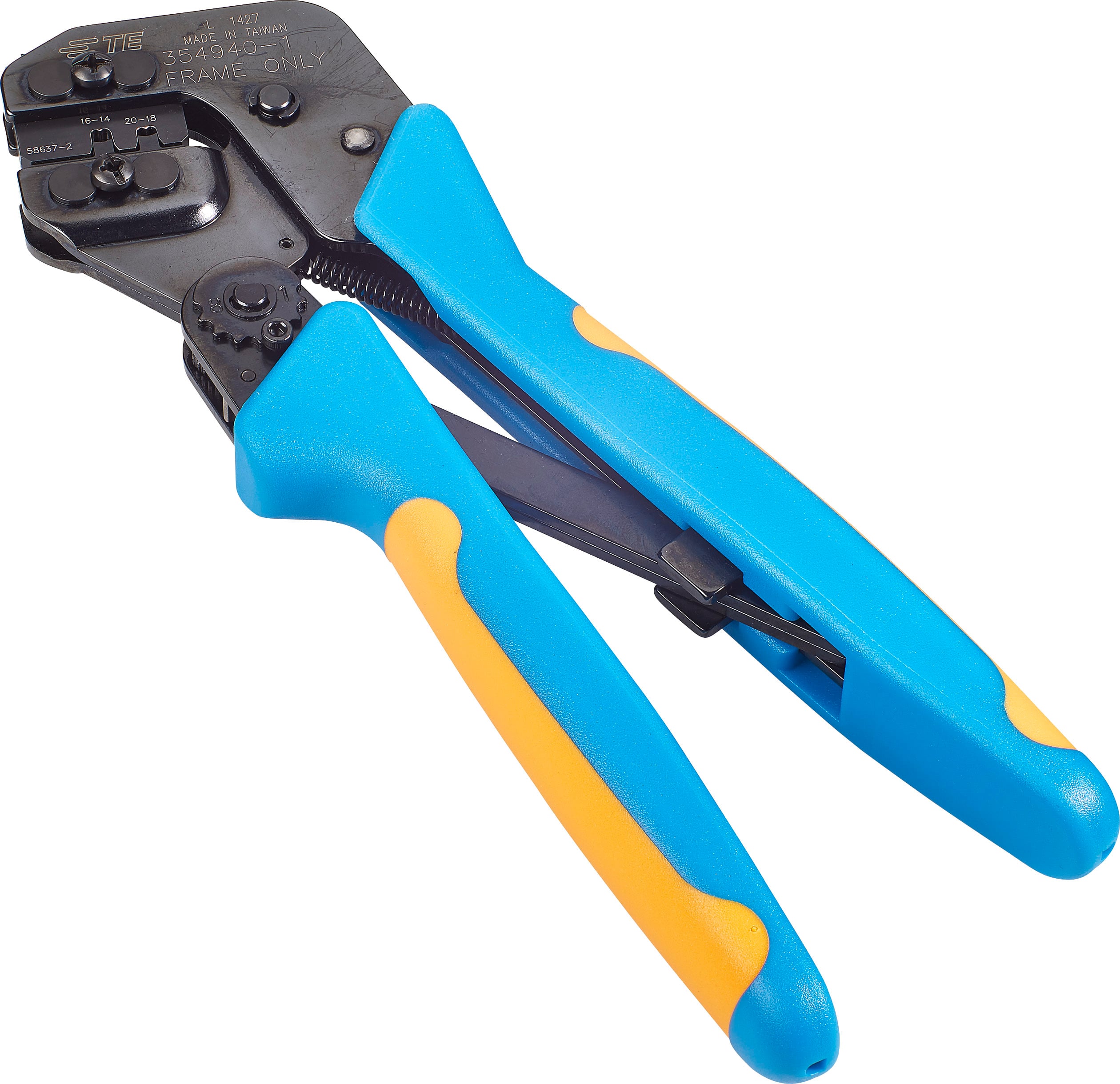 Crimping tool with blue handles and yellow accents, used for securing cable connections in electrical applications.