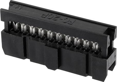 Black 20-pin connector with metallic contacts, used in electronic devices for connecting circuit boards.