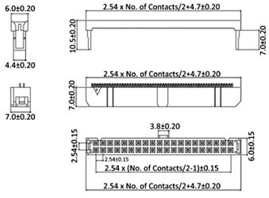 Technical drawing of a plug, showing dimensions and contact spacings. Top view is a side view, bottom view is a front view with details.