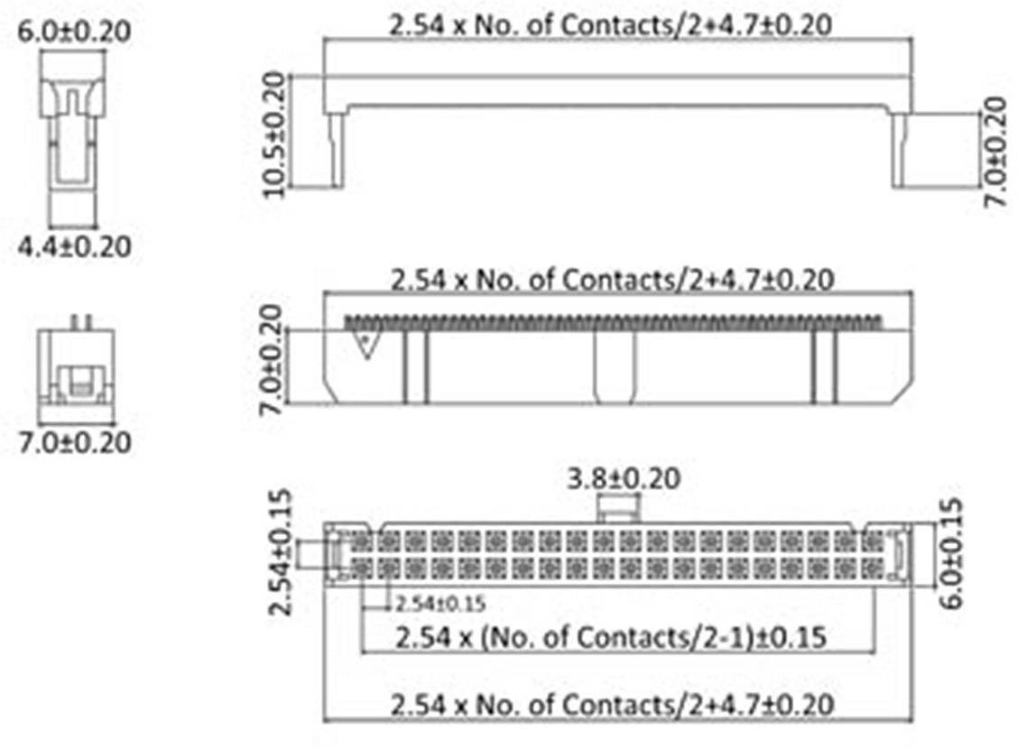 Technical drawing of an electrical connector with dimensional specifications: '2.54 x number of contacts'. Various views shown.