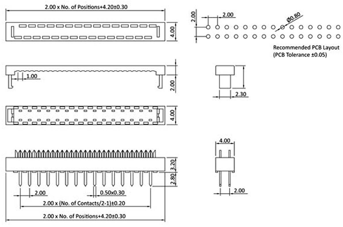 Technical drawing of an electrical connector with dimensional specifications and PCB layout recommendations.