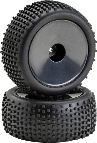 Two black RC car tyres with deep tread, one standing upright, the other lying down, against a white background.