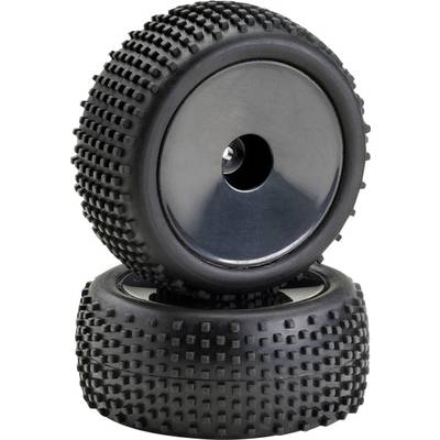 Two black RC car tyres with deep tread, one standing upright, the other lying down, against a white background.