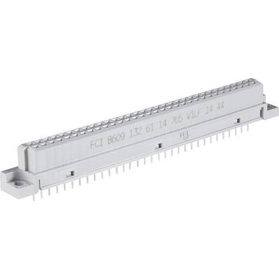A grey, rectangular connector with numerous metal pins, suitable for electronic printed circuit board connections.