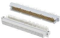 Two rectangular connectors with multiple gold-plated pins used for electrical connections in electronic devices.