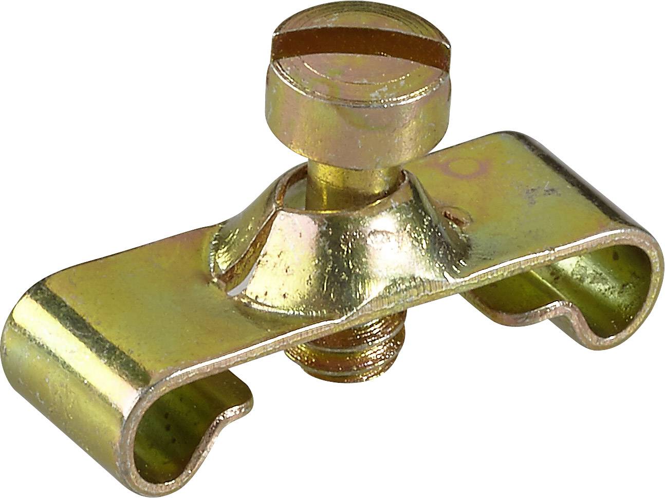 Metal clamp with a screw in the centre, enables secure connection of two electrical conductors by screwing together.