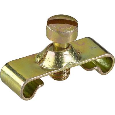 Metal clamp with a screw in the centre, enables secure connection of two electrical conductors by screwing together.