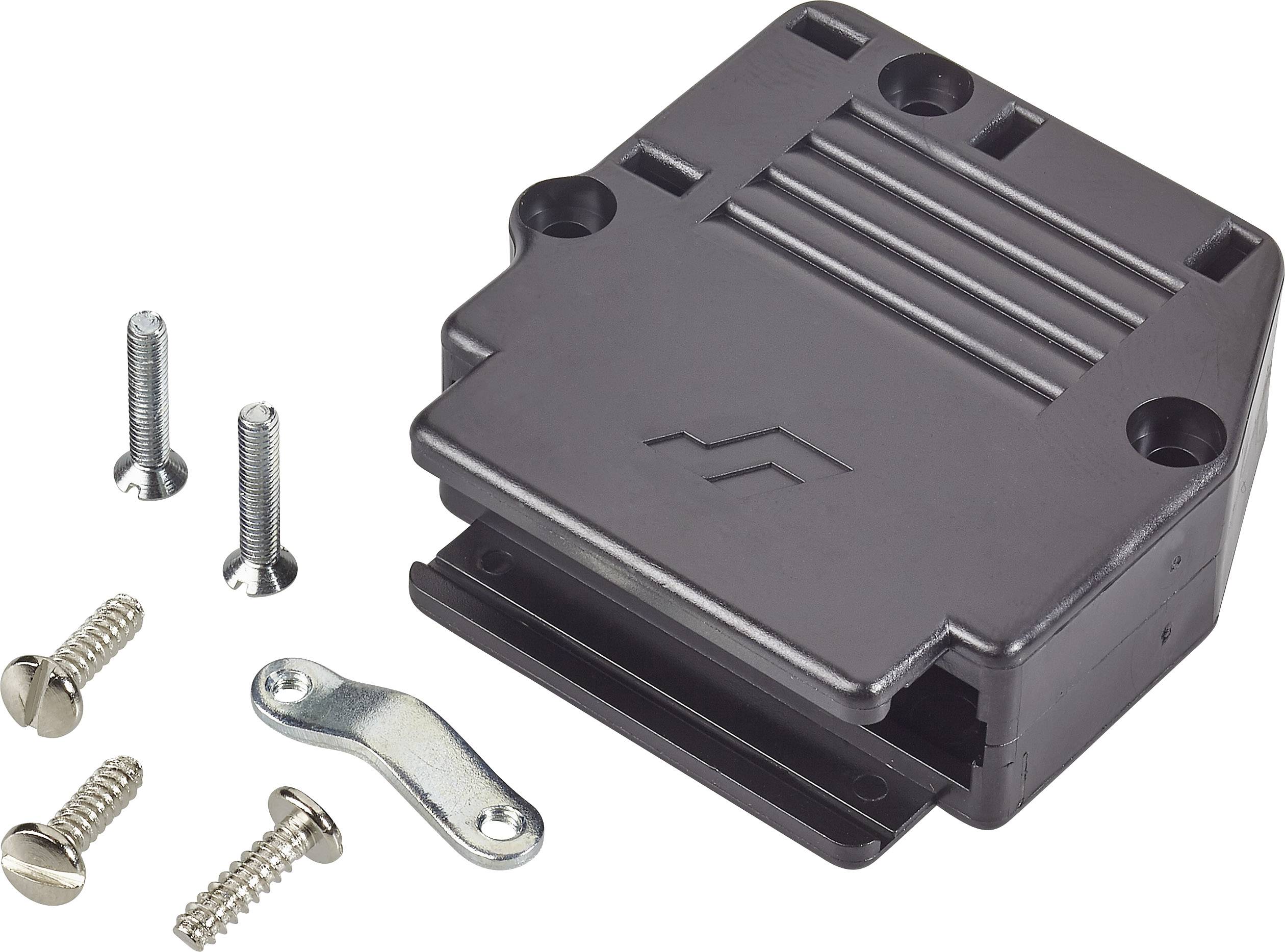 Black plastic casing with a side opening, next to it four screws and a metal mounting bracket, prepared for installation.