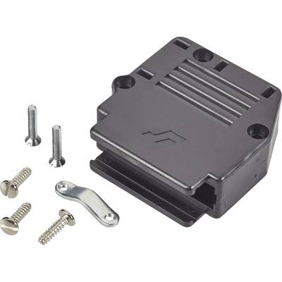 Black plastic casing with a side opening, next to it four screws and a metal mounting bracket, prepared for installation.