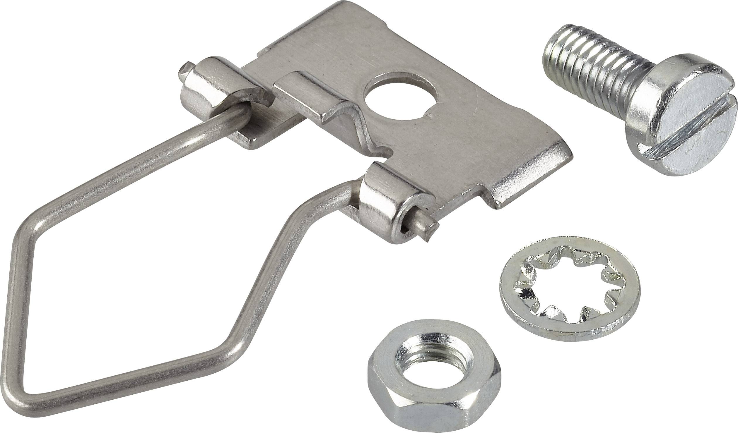 A metal clip with a screw, nut and washer, used for fastening or mounting components.