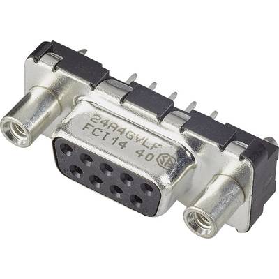 A silver D-sub plug with nine pins and two screw fixings. Inscription: '24R46VLF' and 'FCI14 40'.
