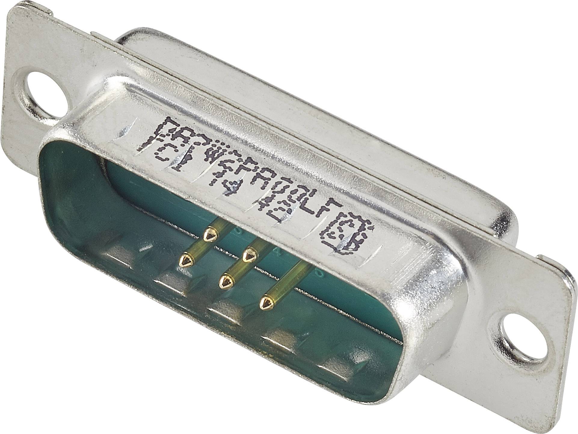 A DB-9 plug with a silver frame, three visible pins in the centre, and two mounting holes at the sides.