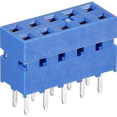 A blue, rectangular connector with ten metal pins protruding from its underside.