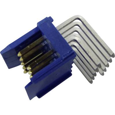 A blue electrical connector with multiple golden pins and curved metal contacts pointing to the right.