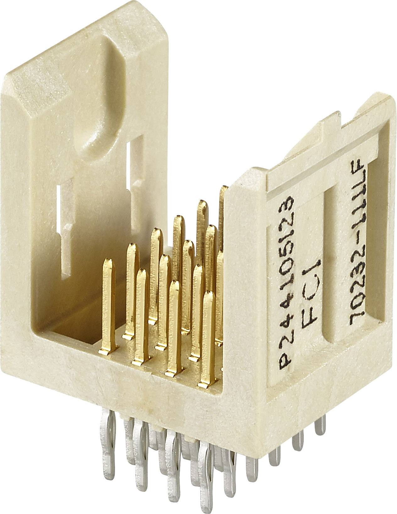 A right-angled plug with gold-plated pins and silver connections, likely used for electronic circuit boards.