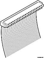 Black and white technical drawing of a rectangular connector with multiple pins and an attached flat ribbon cable.