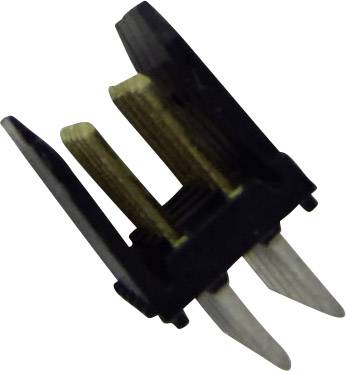 A black plastic component with four metallic pins is seen from the side. It appears to be an electronic connector element.