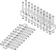 Technical line drawing of an electrical connector with two rows of pins and a plastic housing. Used for connecting electronic components.