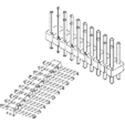 Technical line drawing of an electrical connector with two rows of pins and a plastic housing. Used for connecting electronic components.