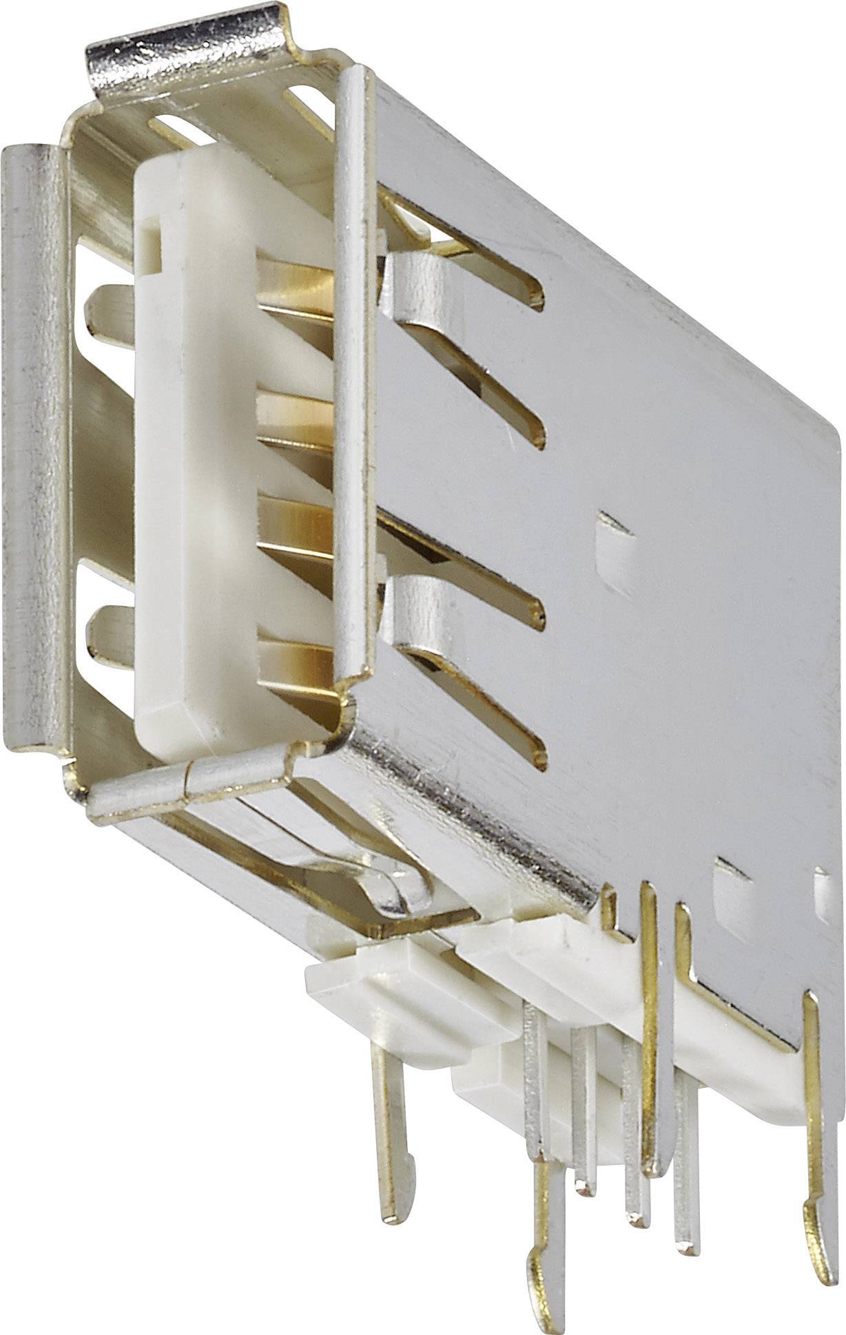 Silver USB plug with white plastic components and multiple golden connection pins, shown from a close-up perspective.