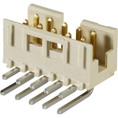 A connector with six metal pins and a cream-coloured plastic casing that enables electrical connections.