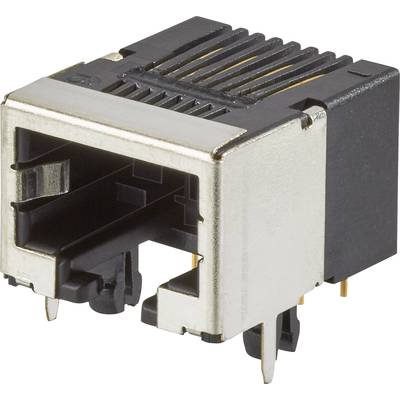 An Ethernet socket plug with a metallic sheath and plastic housing. It features multiple contact pins for mounting.