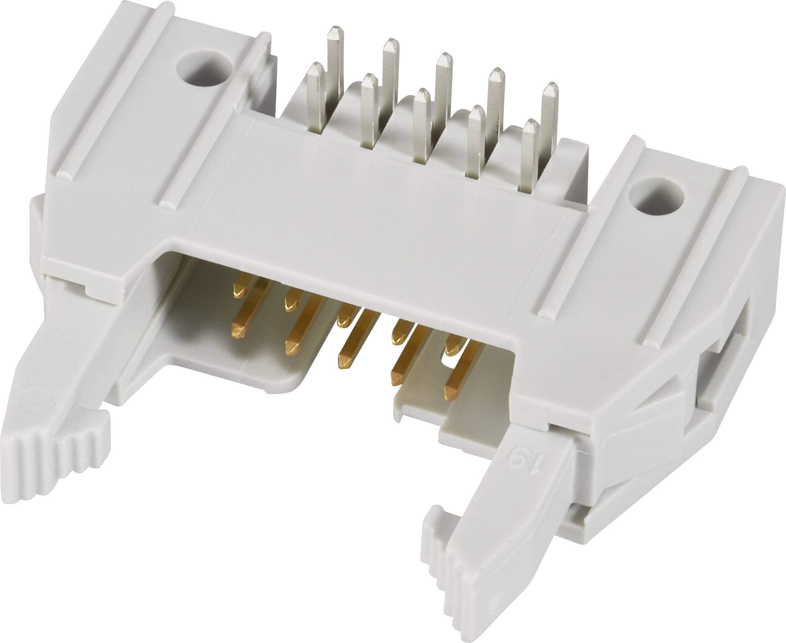 A grey, rectangular electrical plug with metal pins and two clips on the sides, used for connecting cables.