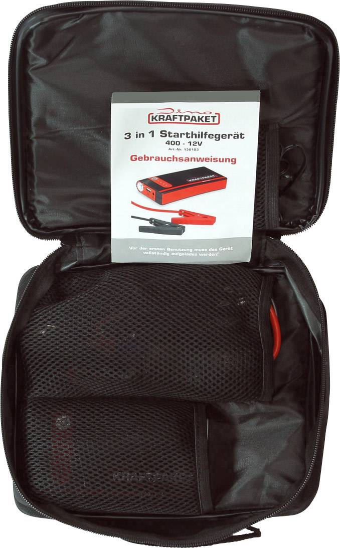 An open carry bag containing a 3-in-1 jump starter and user manual.