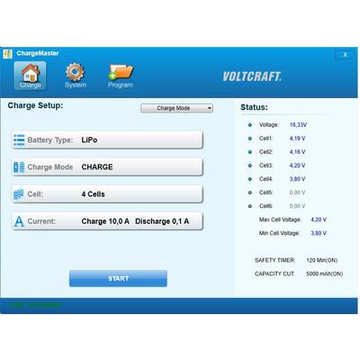 'ChargeMaster' screen displays charging settings: Battery type LiPo, cell status of 4 cells at 16.33V. Start button at the bottom.