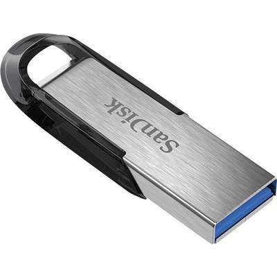 A metallic USB stick with a black handle and blue interface. 'SanDisk' brand name on the metal surface.