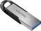 A metallic USB stick with a black handle and blue interface. 'SanDisk' brand name on the metal surface.