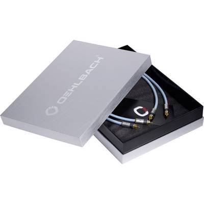 Open silver box with 'OEHLBACH' inscription, containing two high-quality audio cables with blue sheaths and gold connectors.
