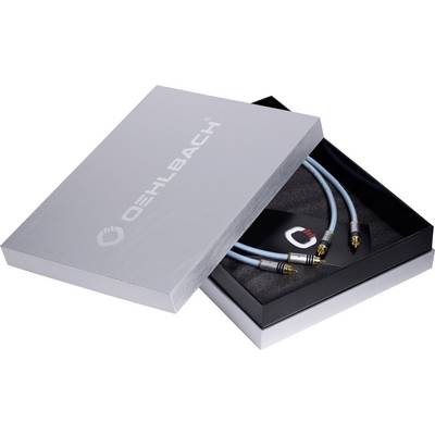 Open silver box with the inscription 'OEHLBACH'. Inside are two blue audio cables with gold-plated connectors.