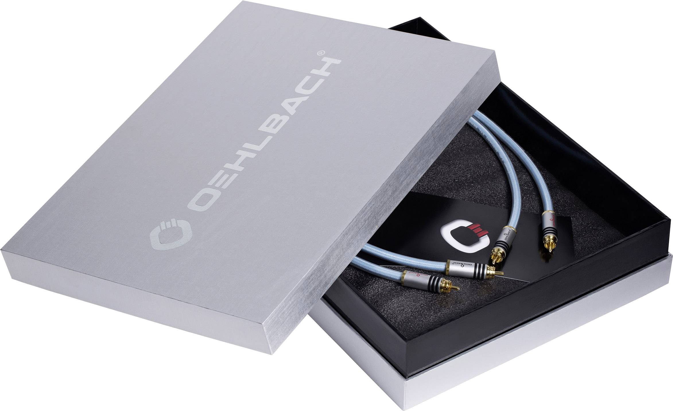 High-quality HDMI cables from Oehlbach in an opened package, showing gold-plated connectors and light blue cables, laid out on dark foam.