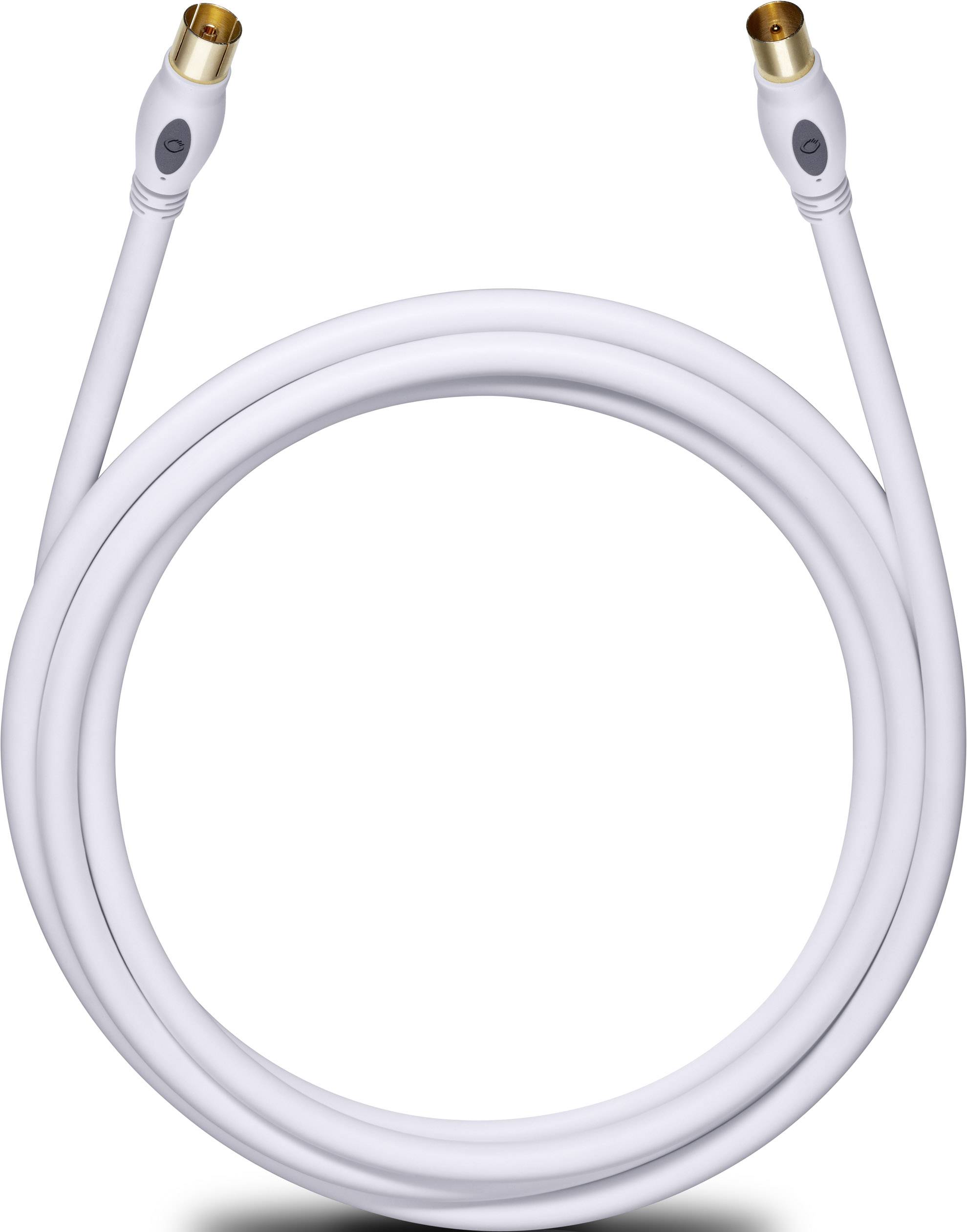 White coaxial cable with gold-plated connectors, commonly used for connecting satellite receivers or television sets.