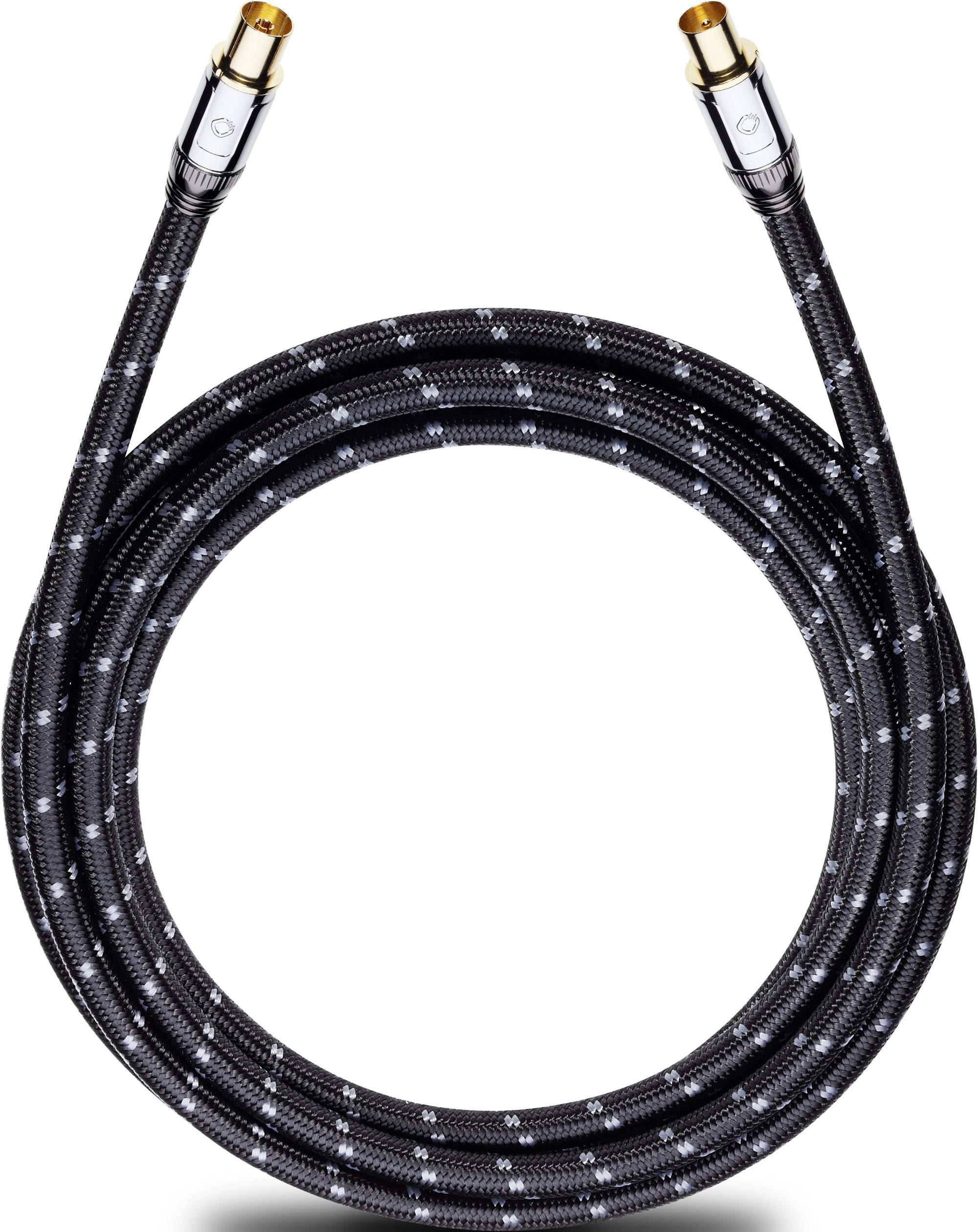 Black, braided coaxial cable with gold-plated connectors, curved in a circular shape, against a white background.