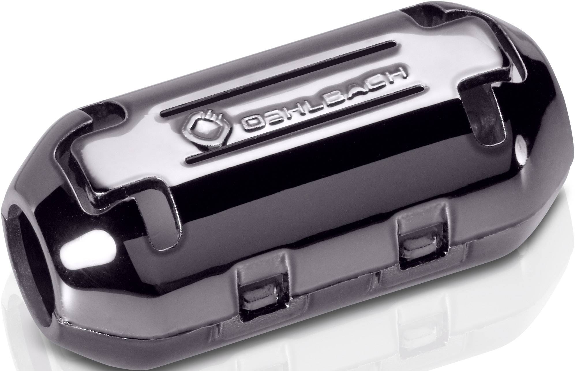 A cylindrical black ferrite case with rounded ends and a brand logo on the top surface.