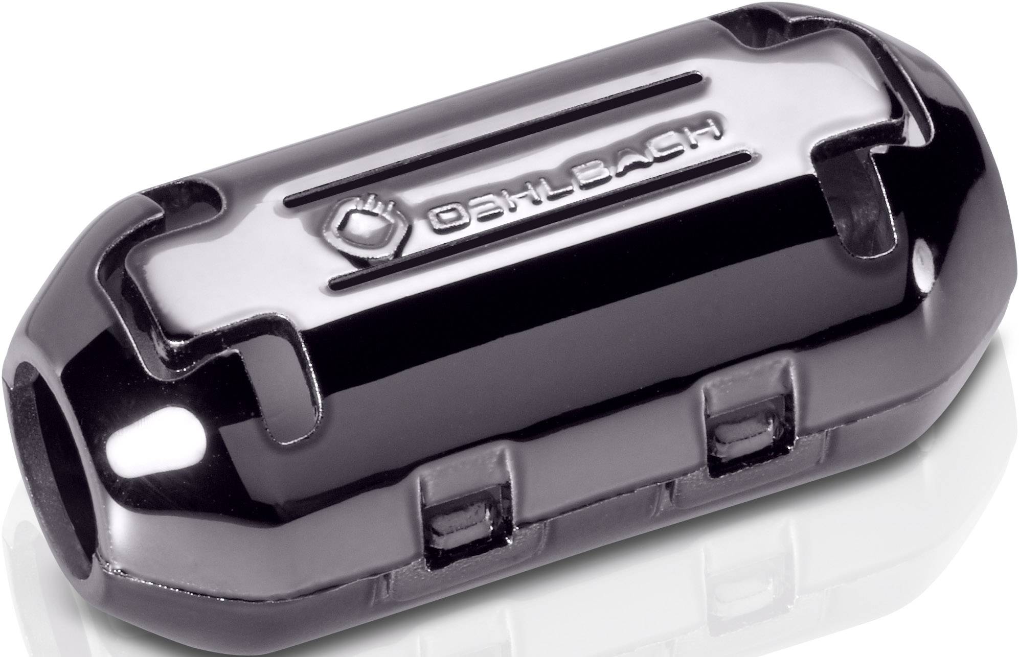 A black, cylindrical ferrite core cable with a shiny surface and the 'Oehlbach' logo on the top side.