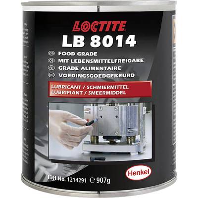 Tin with label 'LOCTITE LB 8014', suitable for food contact. Contains lubricant. Photo shows application during machine maintenance.