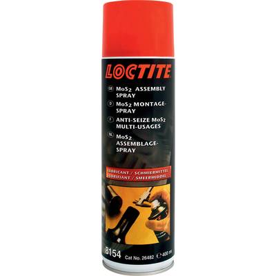 Spray can with a red cap, labelled 'Loctite MoS2 Assembly Spray'. Contains text in English, German, Dutch and French.