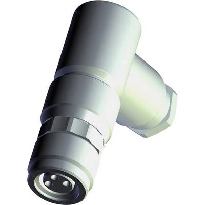 A silver metal L-shaped plug with multiple contact points, suitable for electrical connection.