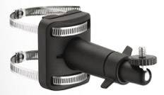 A black mounting bracket with two metal clamps that can be attached to a pipe or post. It has a fixing screw.