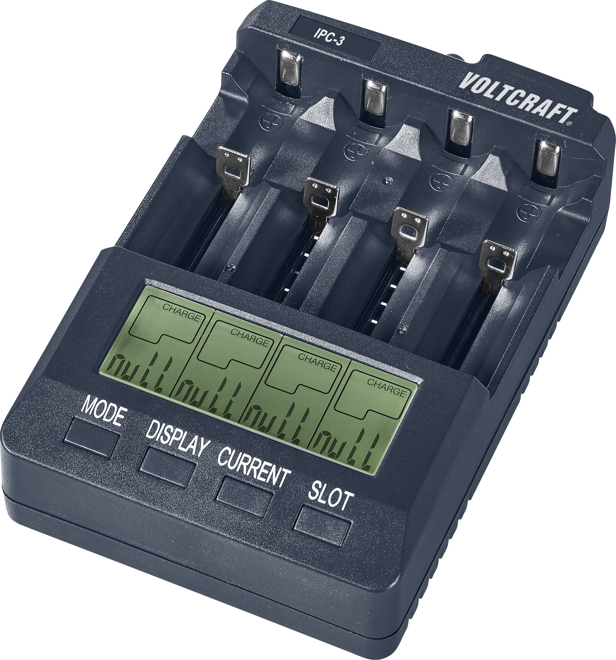 Four-way battery charger with LCD display, showing charging status and settings such as mode, current and number of slots.